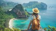 © Suleyman - A happy Asian woman with a backpack is on a tropical island during summer vacation. She is resting on a mountain peak and enjoying the beautiful ocean view.