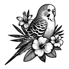 Wall Mural - Budgerigar parrot with tropical flowers illustration