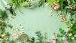 © Jafree - Herbal medicine composition with medicinal plants and pills on green backdrop. Natural supplements and herbs. Concept of alternative medication, natural supplements, homeopathy. Copy space. Flat lay