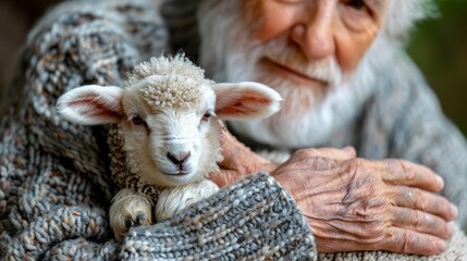 Canvas Print -   A person tightly holds a sheep, its blanket-covered back resting against them The sheep's head reclines comfortably on their arm