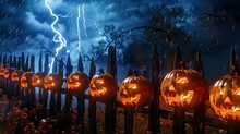 Halloween Pumpkins Lit Under A Thunderous Sky. Lightning Illuminating Jack-o-lanterns. Concept Of Stormy Halloween Celebration, Electric Atmosphere, Spooky Night, And Autumn Thunder.