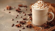   A Table Holds A Steaming Hot Chocolate Cup Topped With Whipped Cream And A Star Anise Nearby, Cinnamon And Cloves Are Arranged