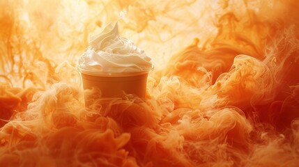 Wall Mural -   A cup of whipped cream atop an orange-yellow fluff mound on a table