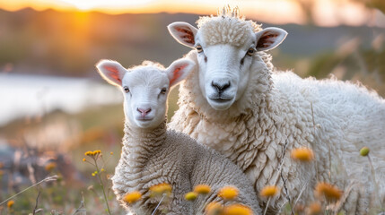 Sticker -   A couple of sheep stand next to each other on a lush green field, featuring yellow flowers in the foreground