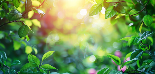 Poster -  Fresh, green leaves with sunlight and soft bokeh.