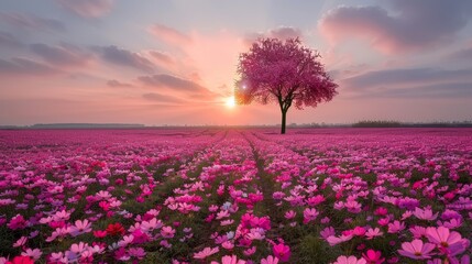 Wall Mural -   A field teeming with pink blooms, a solitary tree in its heart, backdropped by the golden sun