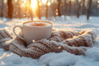 © Jhon - Cozy winter composition with hot beverage, blanket, and snowy landscape, perfect for Christmas and New Year's Eve