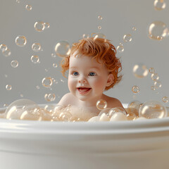 Wall Mural - A 3D animated cartoon render of a smiling baby surrounded by bubbles in a bathtub.