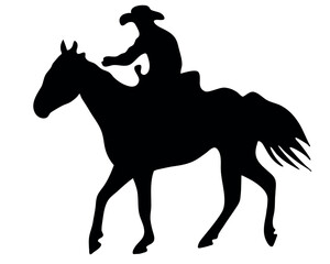 Black and white vector flat illustration: Barrel racing western horse and rider silhouette