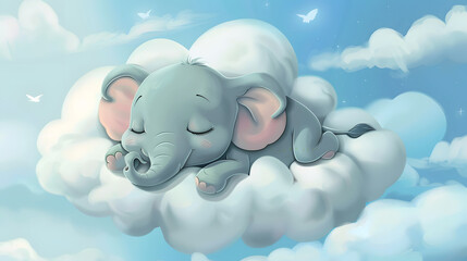 Poster -  little baby elephant sleeps on a cloud