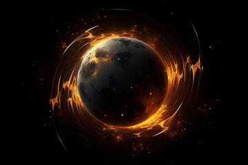 Wall Mural - planet abstract black dark, spherical fictional in space with dots of stars, yellow flashes