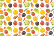 Bright appetizing fruits and vegetables on white. Seamless pattern.