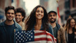group of cheerful people with American flags on American Independence Day, festival, holiday, patriots, USA, national symbol, street, city, 4th of July, New York, faces, smiles