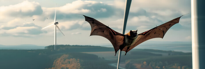Wall Mural - Bat flying torward to a wind turbine