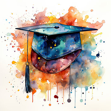 Watercolor Graduation Hat Illustration, Generative Ai