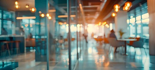 Modern Business office with blurred people, with blurred bokeh background.	 Modern open space office interior or call centre with blurred business people.