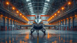 A sleek fighter jet is stationed in a spacious, well-lit hangar