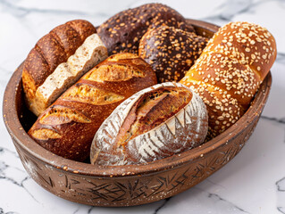 Canvas Print - A bowl of assorted breads, including bagels, croissants, and rolls. The bowl is brown and has a design on it