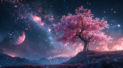 Poster - A tree with pink blossoms is in a field with a moon and stars in the background. The scene is peaceful and serene, with the tree standing tall and proud in the midst of the vast sky