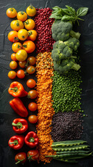 Canvas Print - A colorful assortment of vegetables and fruits are displayed on a counter. The variety of colors and textures create a vibrant and healthy atmosphere