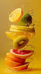 Sticker - A fruit salad with oranges, kiwis, and grapefruit. The fruit is cut into slices and is floating in a pool of water