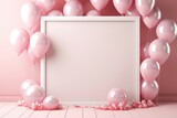 Fototapeta Tulipany - Mockup for invitation. Festive greeting card with empty frame and pink balloons for birthday or celebration events. Flyer template. Copy space