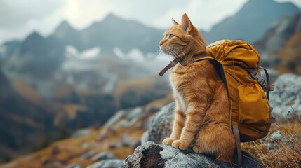 Wall Mural - cat with a backpack on top of a mountain