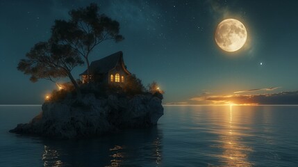 Canvas Print - house on the tip of the moon at night in the sky