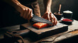 Chef Prepares Fresh Salmon with Artisan Damascus Knife