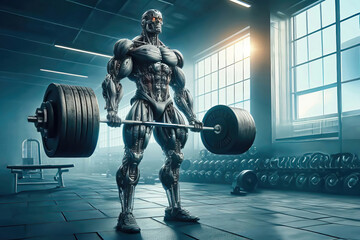 Wall Mural - A muscular robot in the gym lifts a barbell with a lot of weight.