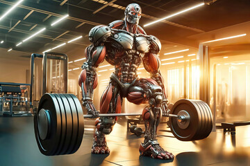 Wall Mural - A robot in the gym performs exercises with a large weight on a barbell.