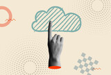Fototapeta Boho - Cloud computing icon and human hands in retro collage vector illustration