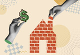 Fototapeta Boho - Real estate financing with hands in retro collage vector illustration