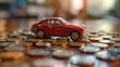 car with coins and cash, auto tax and financing, car insurance and car loans