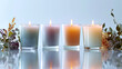 set of colorful lighted scent candles on reflective surface, cold background color