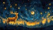 adventurous deer tee depicting a leaping deer under a starry night sky