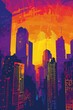 A pop art cityscape at sunset, bold outlines, skyscrapers awash in vibrant orange and purple hues
