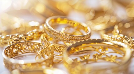 Wall Mural - A pile of gold wedding rings on a table. Perfect for wedding and jewelry concepts