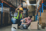 Fototapeta Panele - First aid support accident at work of worker at factory. Male worker has an accident on the floor in warehouse site.