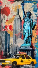 Pop Art Collage Of Iconic New York City Landmarks: The Statue Of Liberty, Empire State Building, Yellow Taxi