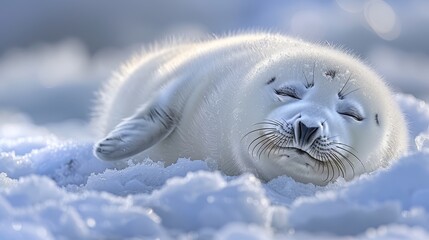 Poster -   A close-up of a seal dozing on a mound of snow, with one eyelid partially covering each eye