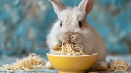 Poster -   A white rabbit, holding spaghets from a yellow bowl on a blue-and-white tablecloth Behind it, a blue wall backdrop