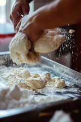 Poster - Person sprinkling flour onto dough on a baking sheet. Can be used for baking or cooking concepts