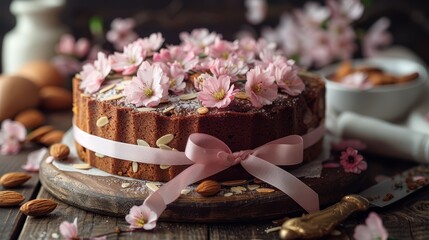 Canvas Print -   A chocolate cake adorned with almonds and pink flowers atop a wooden platter, edged with a pink ribbon