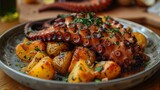 Fototapeta Kwiaty -  Octopus atop potatoes, garnished with parsley