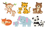 Fototapeta Pokój dzieciecy - Mom and baby animals vector illustration set. Wild animal babies including monkey, tiger bear, fox, elephant, and panda with their moms.