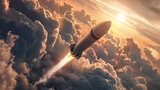 Fototapeta  - a sleek rocket soaring through the sky, its metallic body gleaming against the backdrop of voluminous clouds
