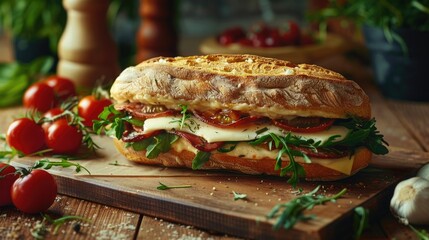 A delicious sandwich on a cutting board, perfect for food blogs or restaurant menus