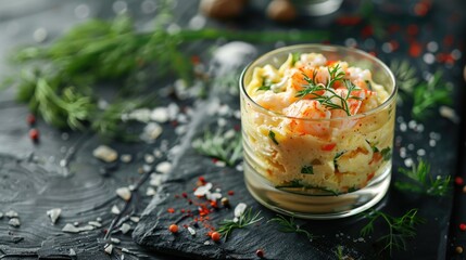 Wall Mural - Close up of a glass of food on a table, suitable for food and beverage concept