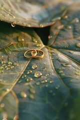 Sticker - Two elegant gold wedding rings placed on a delicate leaf. Perfect for wedding and jewelry concepts